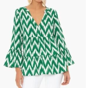 POMANDER PLACE Tuckernuck Ikat Kenzo Tiered Blouse Green White Size XS